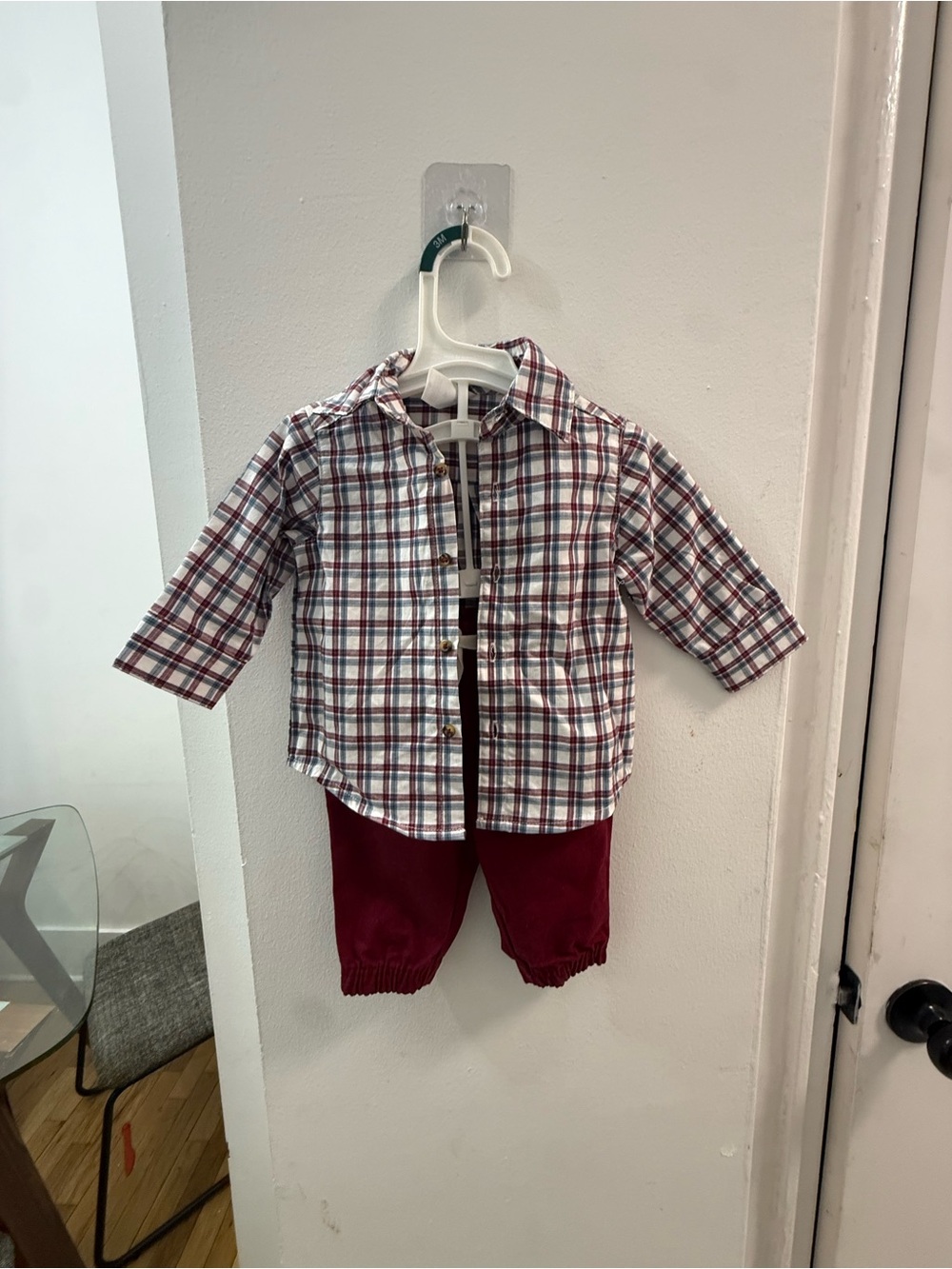 Baby Plaid Button-Up Shirt with Burgundy Pants
